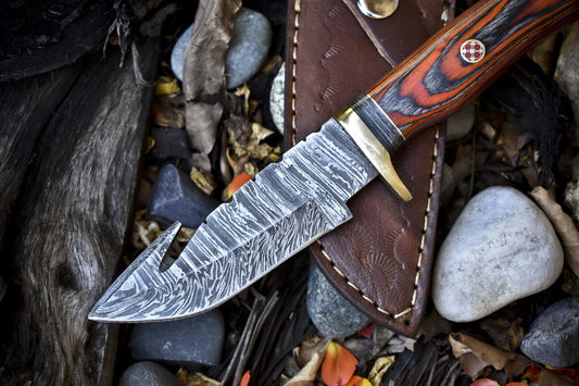 8.0 in Forged Skinner Knife w Gut Hook Twist Damascus Hard Wood Brass Guard Camping Knife