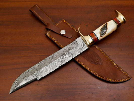 15" Handmade Damascus Bowie Knife | Burn-Engraved Camel Bone & Brass Guard