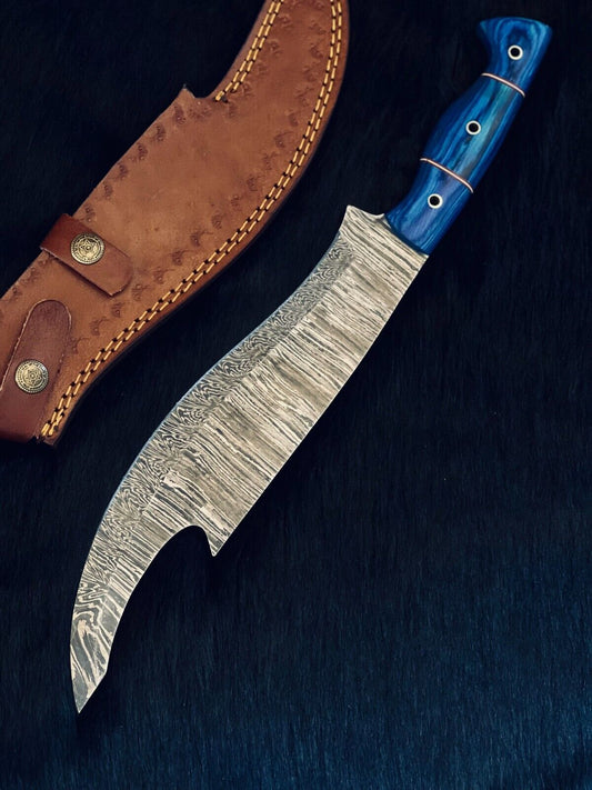 Heritage Forge 15.5 Inch Fire Damascus Steel Machete Knife with Camel Bone and Wood Handle