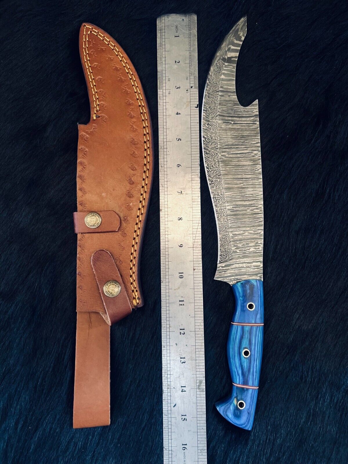 Heritage Forge 15.5 Inch Fire Damascus Steel Machete Knife with Camel Bone and Wood Handle