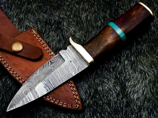 Mini 9 Inch Damascus Hunting Knife | Natural Wood Handle