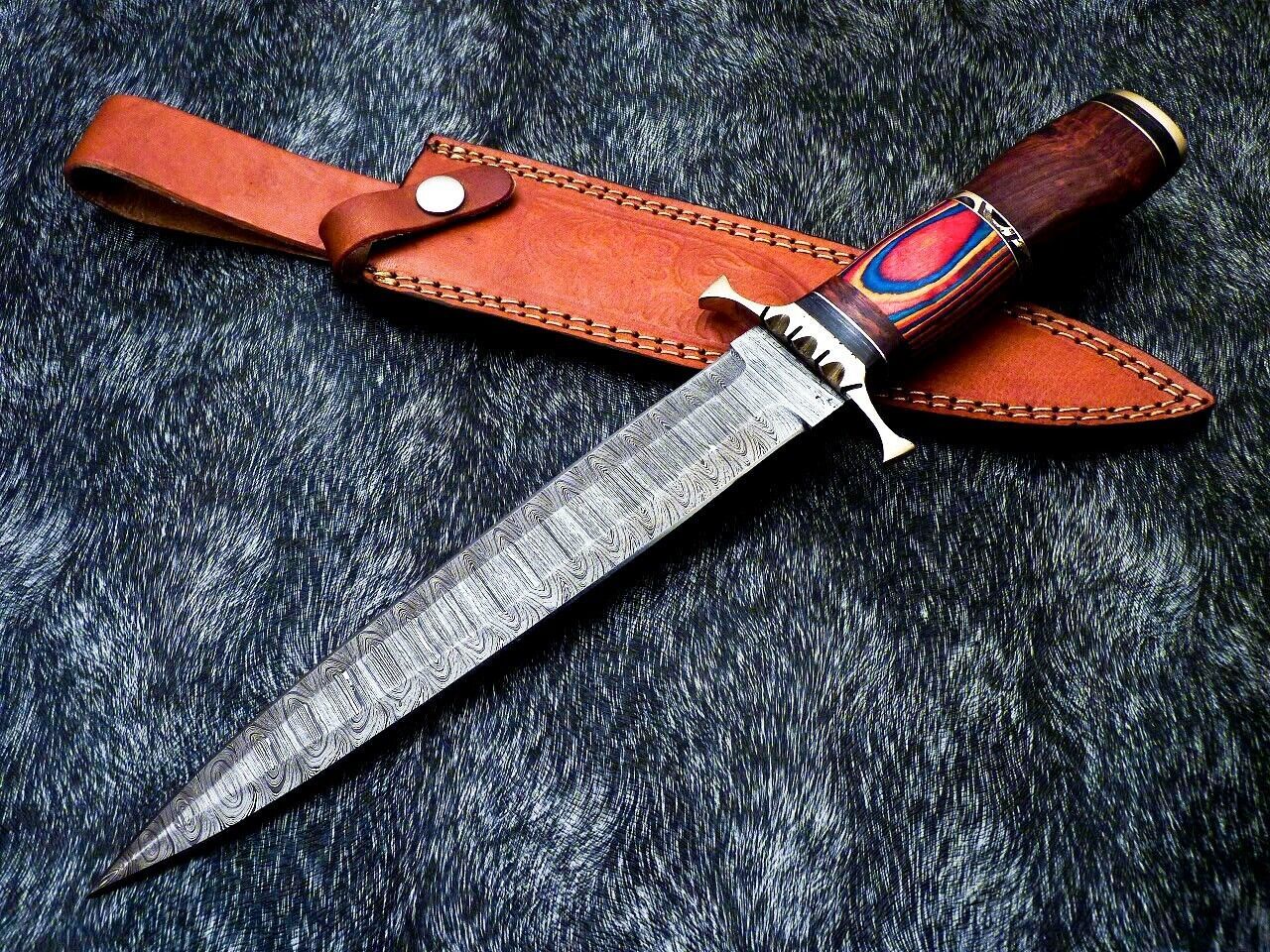 14" Handmade Damascus Bowie Dagger – Natural Wood Handle with Brass Guard & Leather Sheath