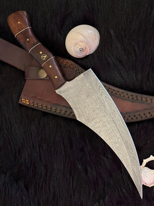 12.5" Twist Damascus Steel Bowie Knife – Handmade with Wood & Brass Handle