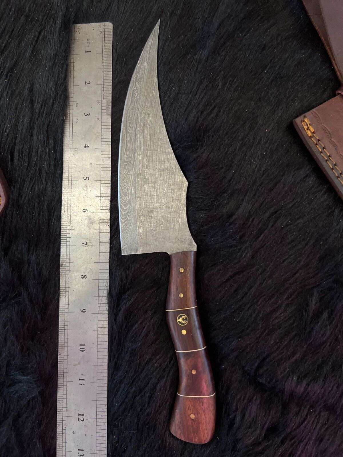 12.5" Twist Damascus Steel Bowie Knife – Handmade with Wood & Brass Handle