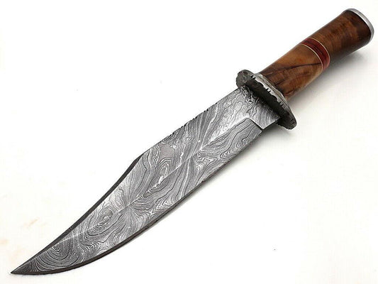 14" Handmade Damascus Bowie Knife with Walnut Wood Handle & Leather Sheath