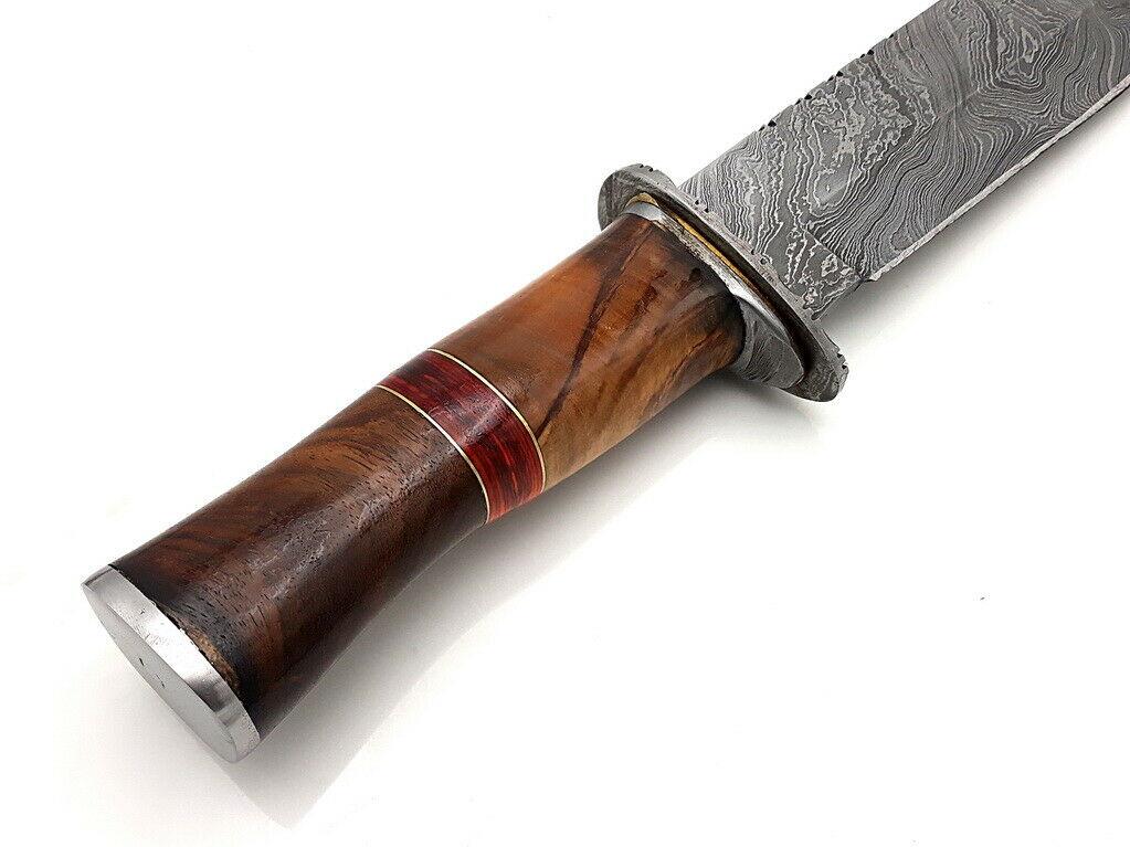 14" Handmade Damascus Bowie Knife with Walnut Wood Handle & Leather Sheath