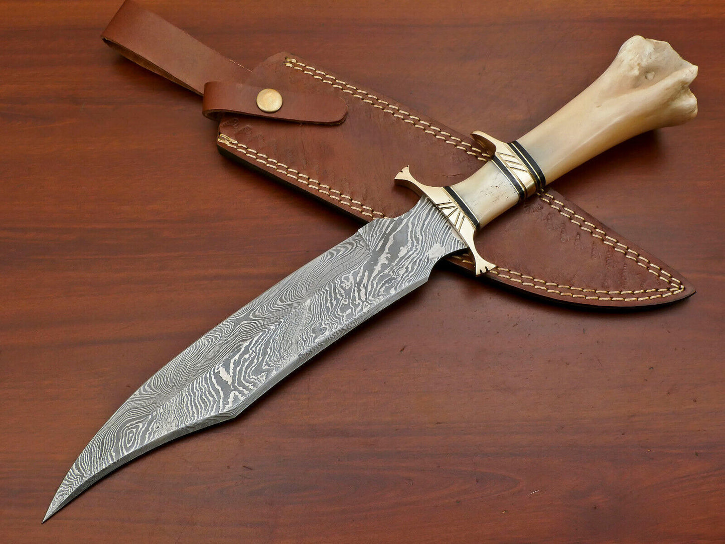 16" Custom Damascus Steel Sub-Hilt Bowie Knife – Camel Bone & Brass Guard