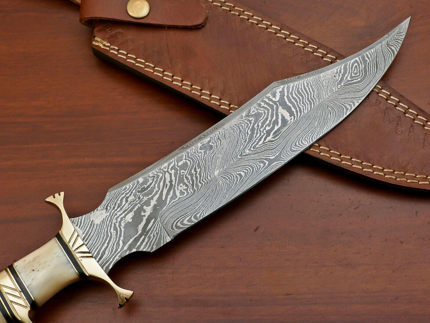 16" Custom Damascus Steel Sub-Hilt Bowie Knife – Camel Bone & Brass Guard