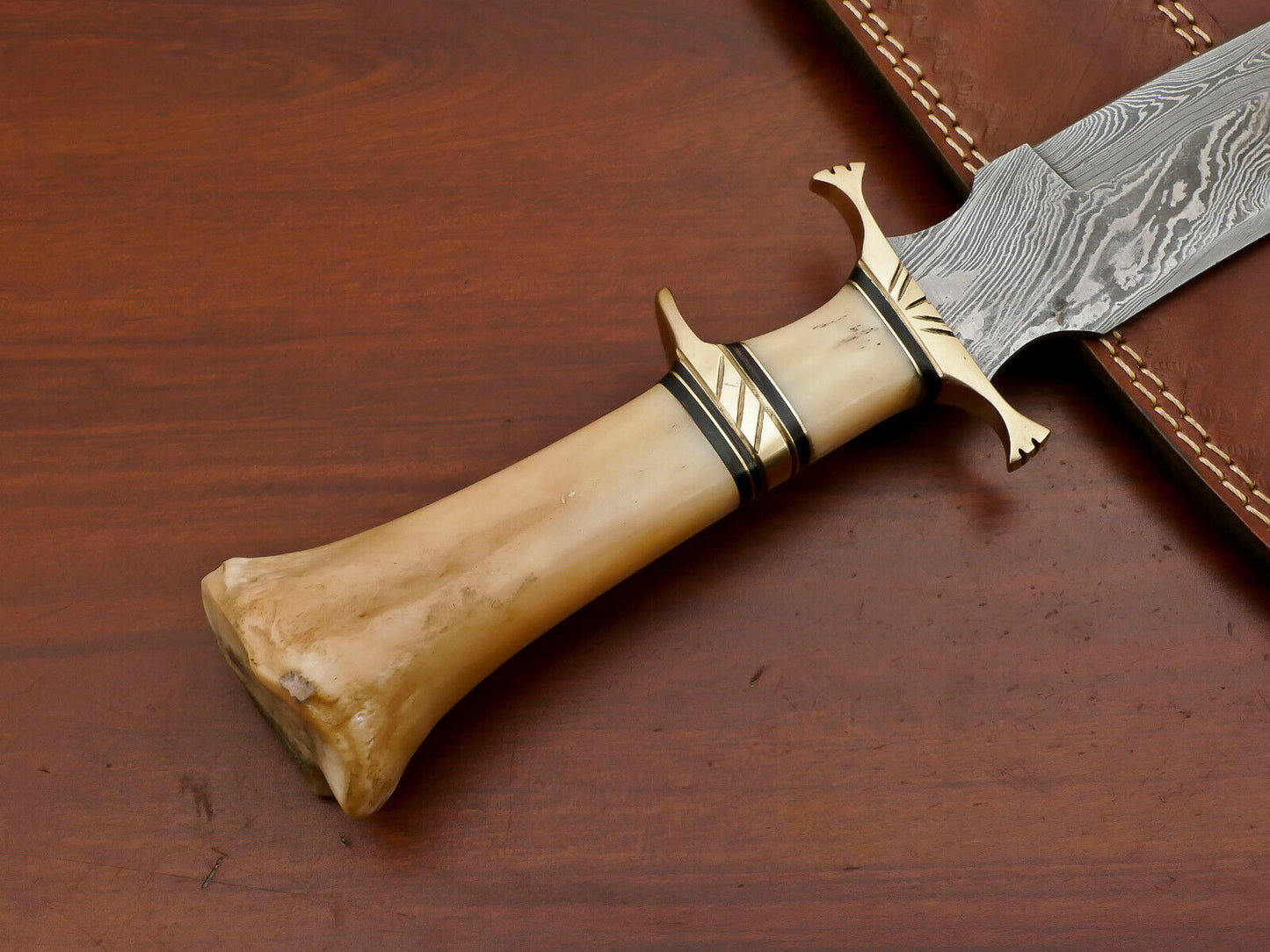 16" Custom Damascus Steel Sub-Hilt Bowie Knife – Camel Bone & Brass Guard
