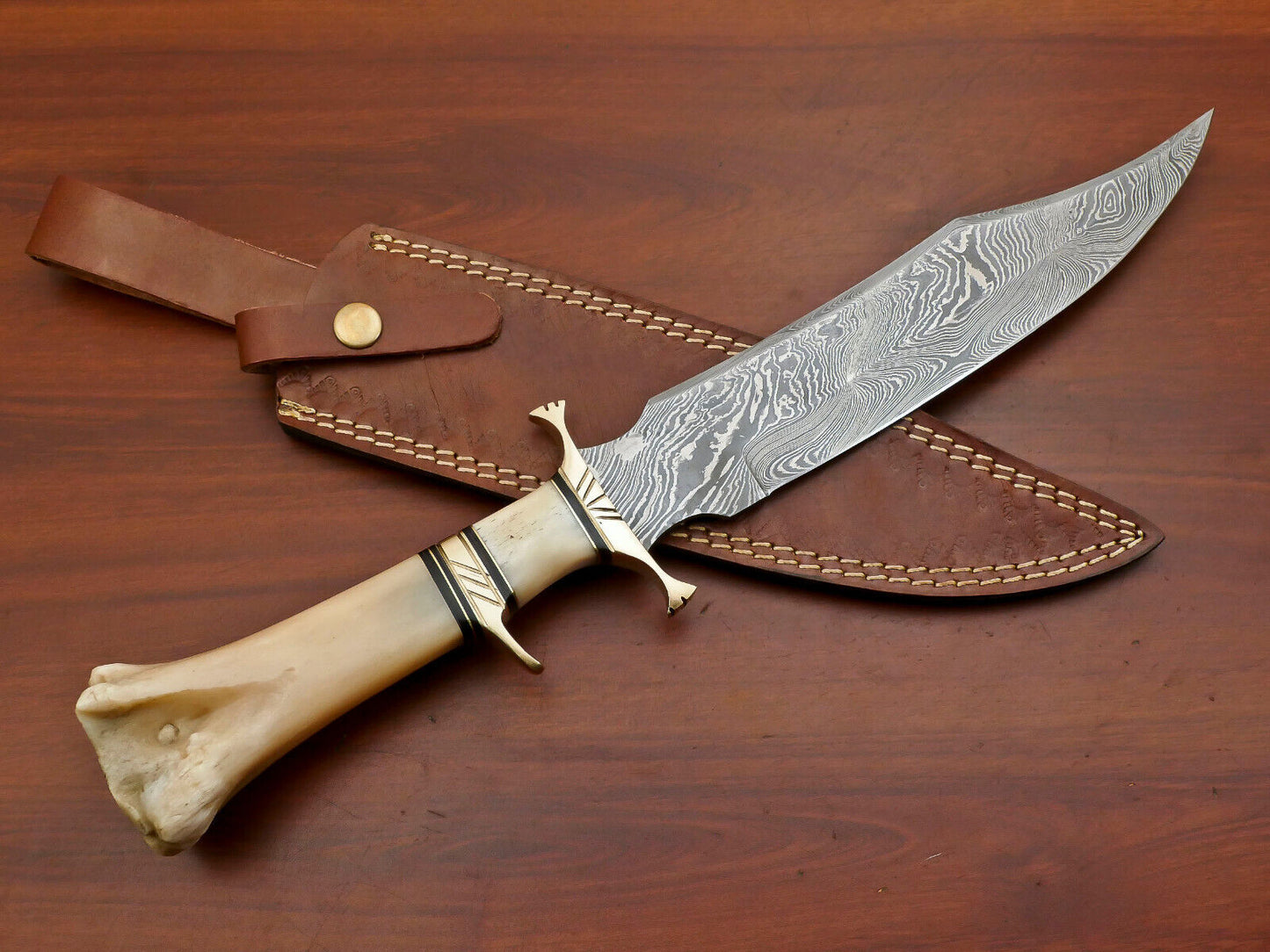 16" Custom Damascus Steel Sub-Hilt Bowie Knife – Camel Bone & Brass Guard