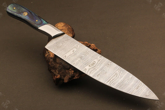 13.5" Hand Forged Ladder Damascus Steel Santoku Chef Knife – Camel Bone & Wood Handle