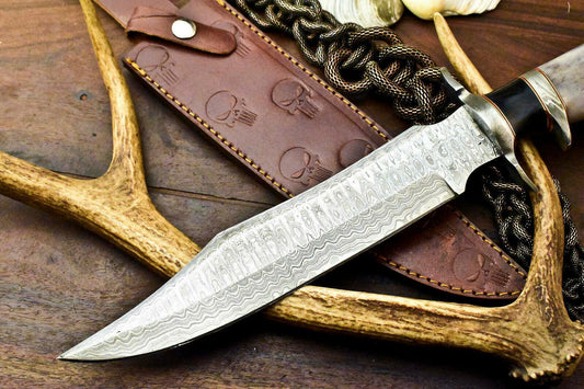 15” Handmade Damascus Steel Bowie Knife | Camel Bone Handle