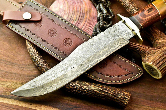 13.5" Handmade Damascus Bowie Hunting Knife | Walnut Wood Handle