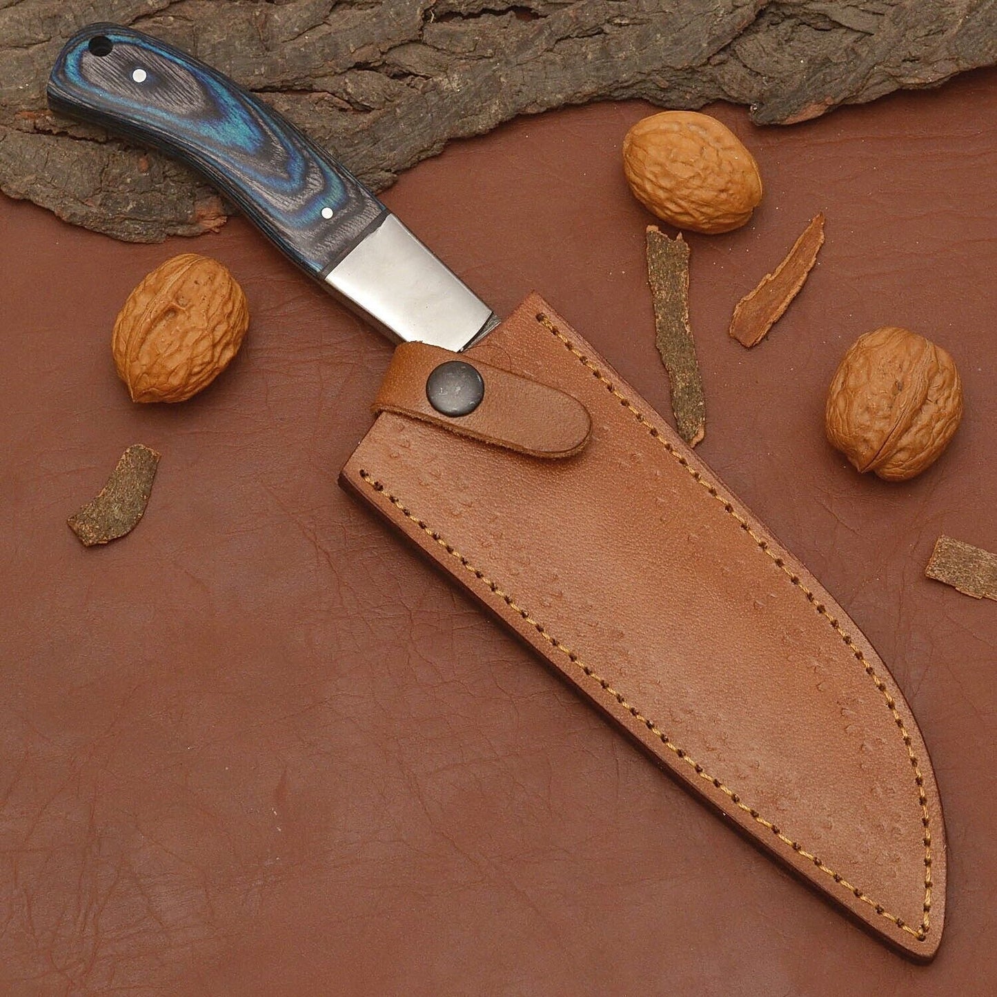 Chef Knife – Kitchen Knife with Full Tang Wood Handle & Leather Sheath