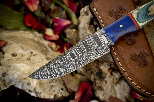 8.0" Twist Damascus Skinner Knife Hardwood Handle Micarta Bolster Survival Knife