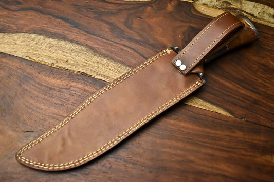 15" Damascus Steel Bowie Knife – Camel Bone Handle, Hunting Fixed Blade