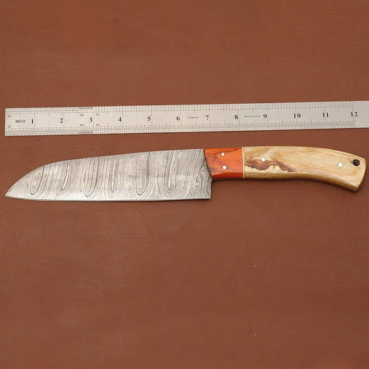 Handmade Damascus Steel Chef Knife – Kitchen Knife with Wood Handle & Leather Sheath