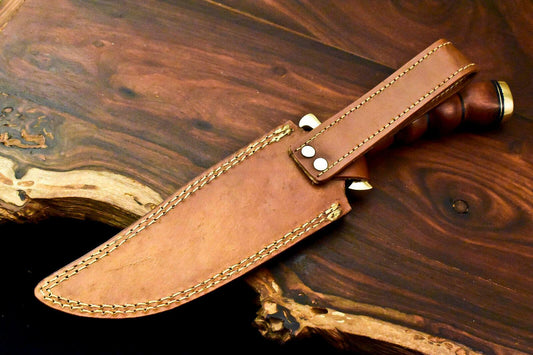 13" Custom Damascus Bowie Knife – Walnut Wood Handle & Leather Sheath