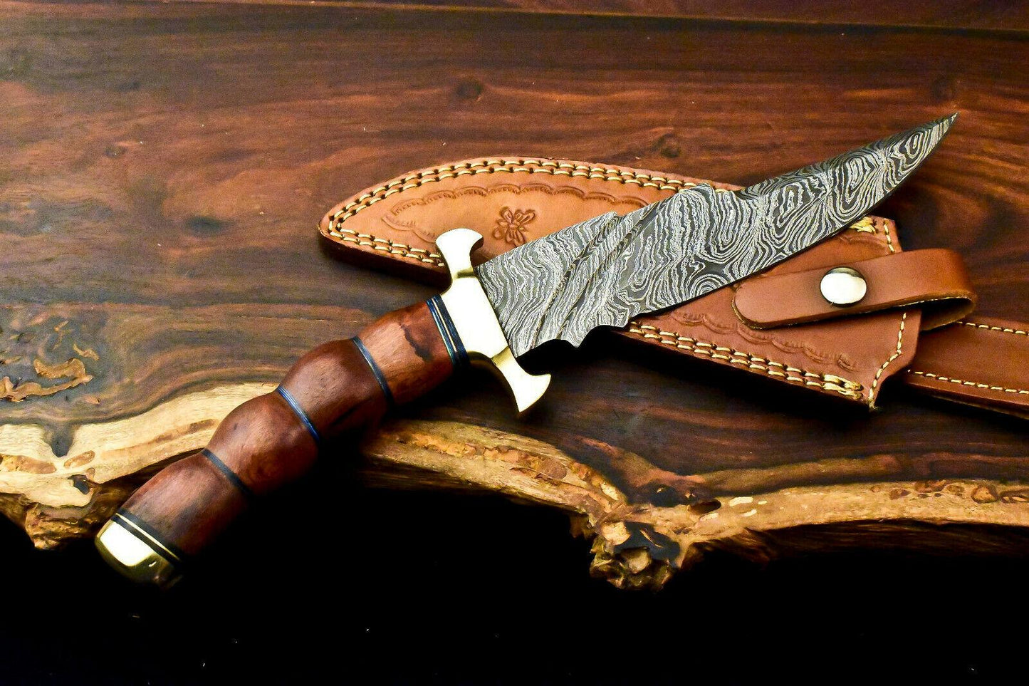 13" Custom Damascus Bowie Knife – Walnut Wood Handle & Leather Sheath