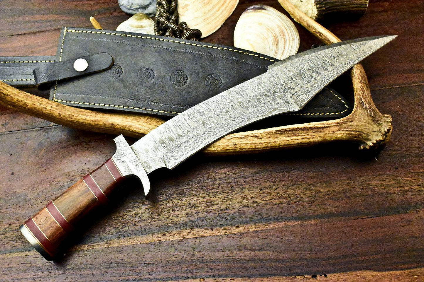 17" Damascus Bowie Hunting Knife – Walnut Wood Handle with Leather Sheath