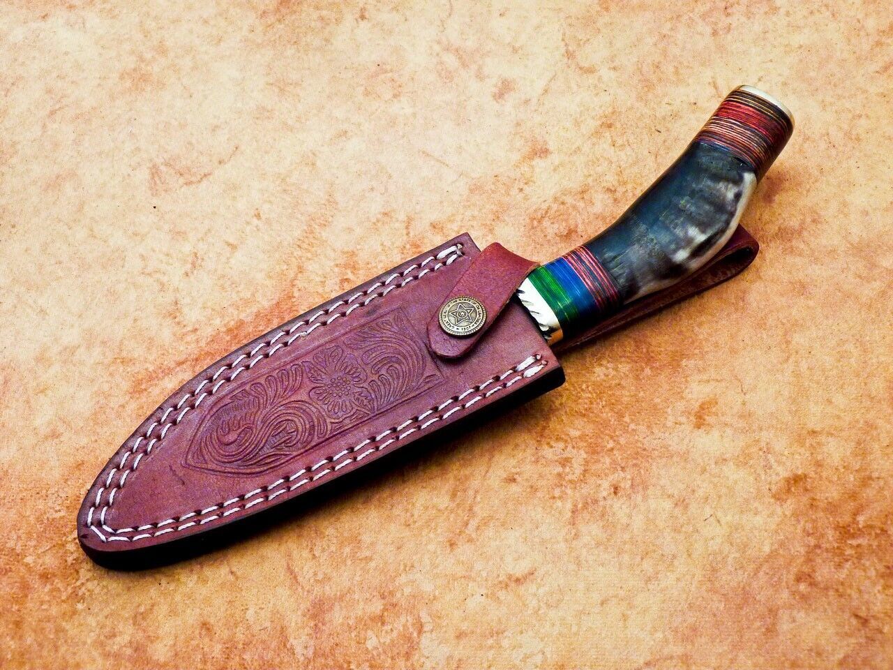 Heritage Forge 10 Inch Handmade Damascus Hunting Knife with Ram Horn and Hardwood Handle