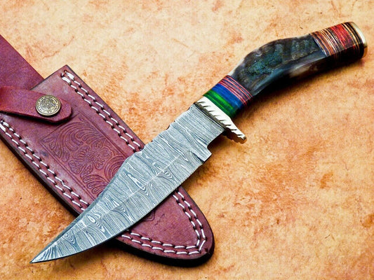 Heritage Forge 10 Inch Handmade Damascus Hunting Knife with Ram Horn and Hardwood Handle