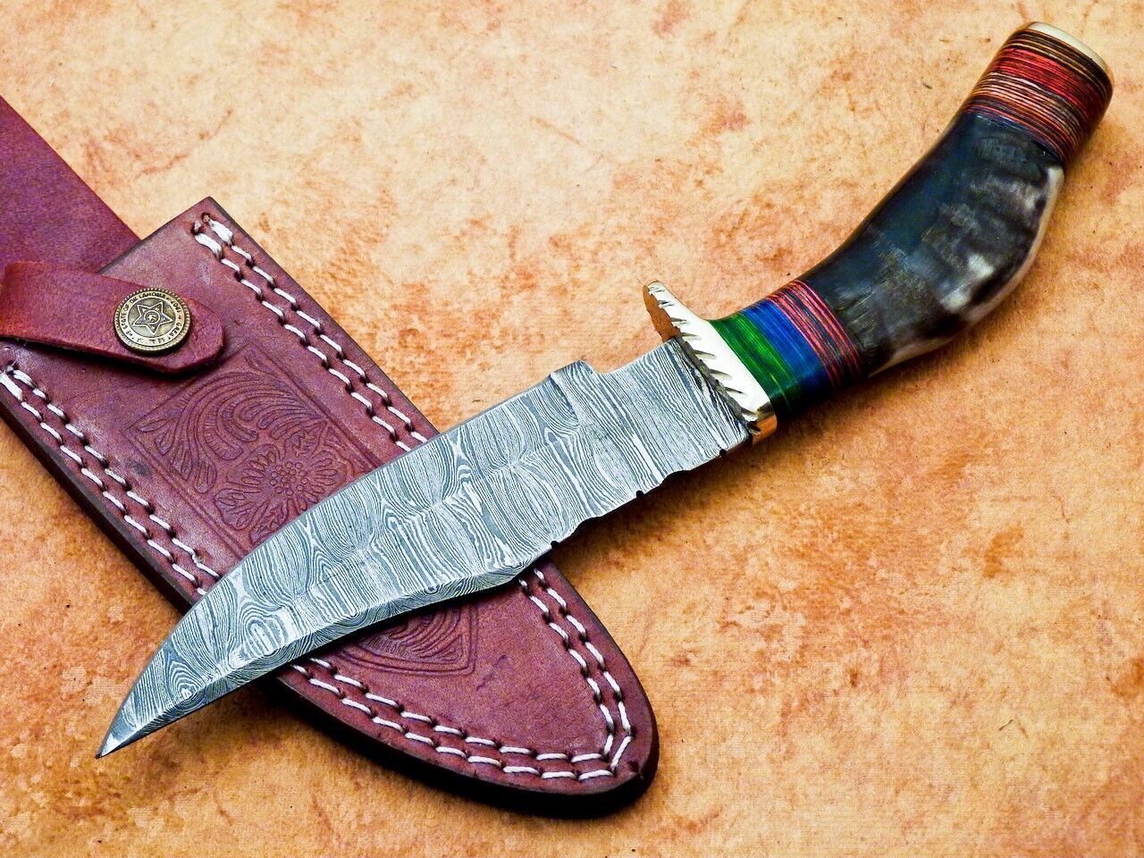 Heritage Forge 10 Inch Handmade Damascus Hunting Knife with Ram Horn and Hardwood Handle