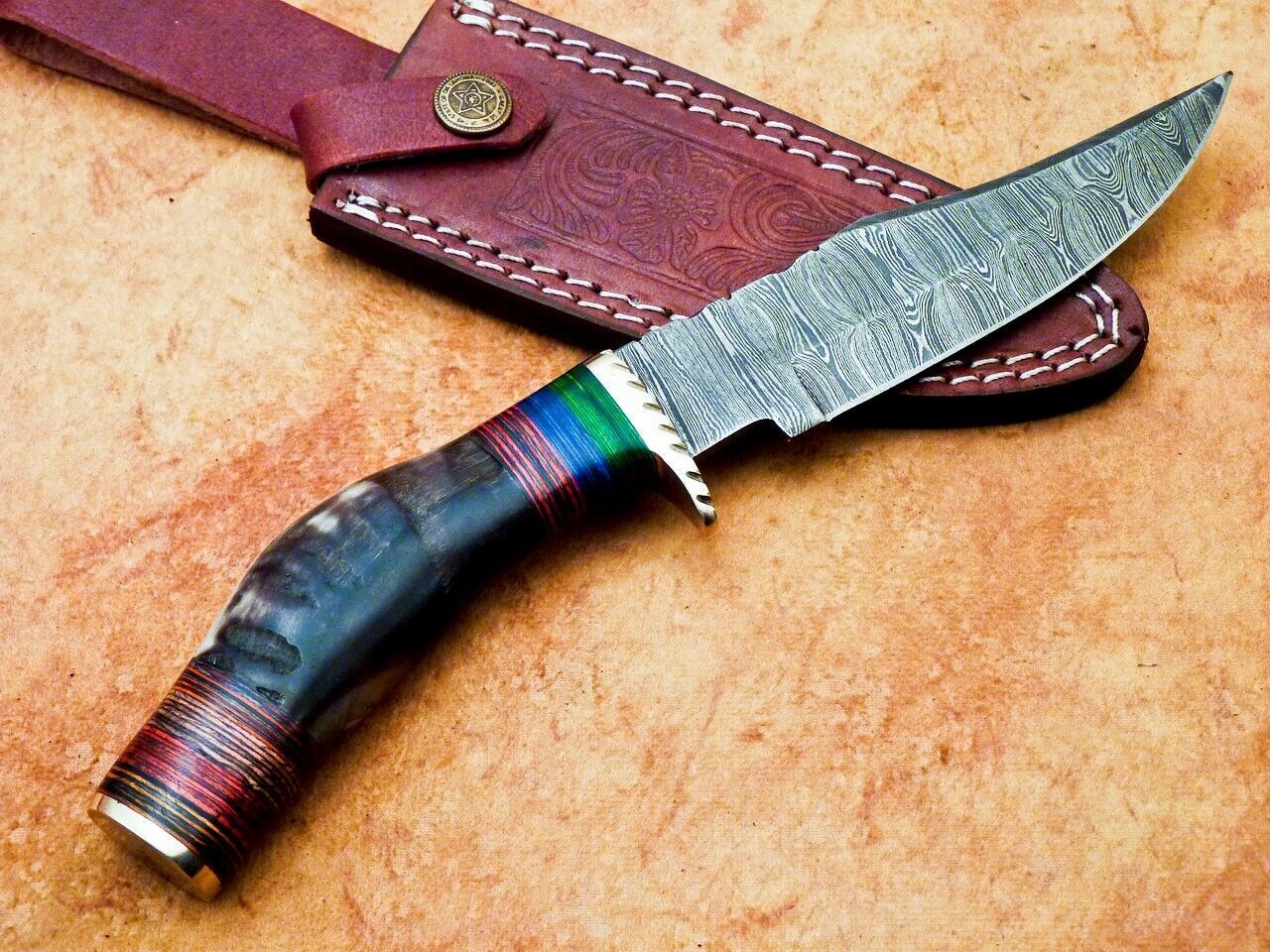 Heritage Forge 10 Inch Handmade Damascus Hunting Knife with Ram Horn and Hardwood Handle