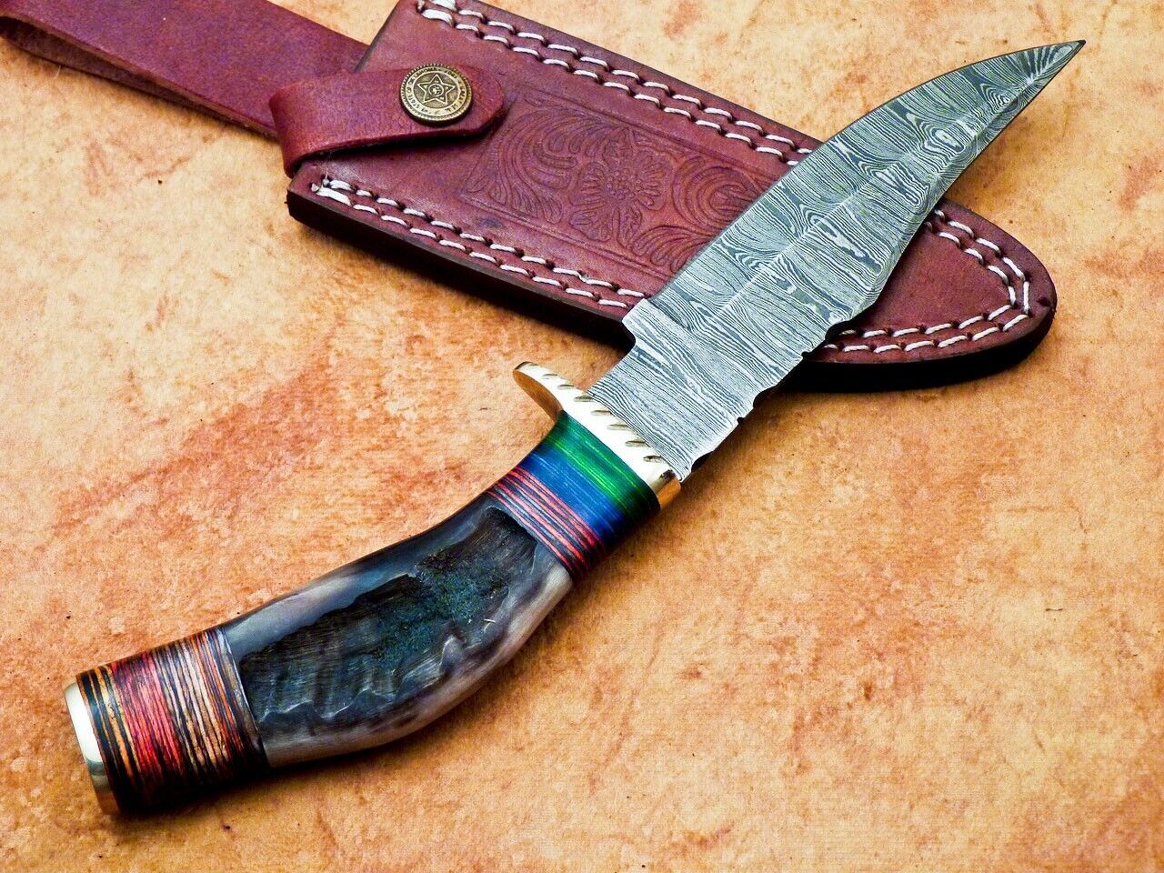 Heritage Forge 10 Inch Handmade Damascus Hunting Knife with Ram Horn and Hardwood Handle