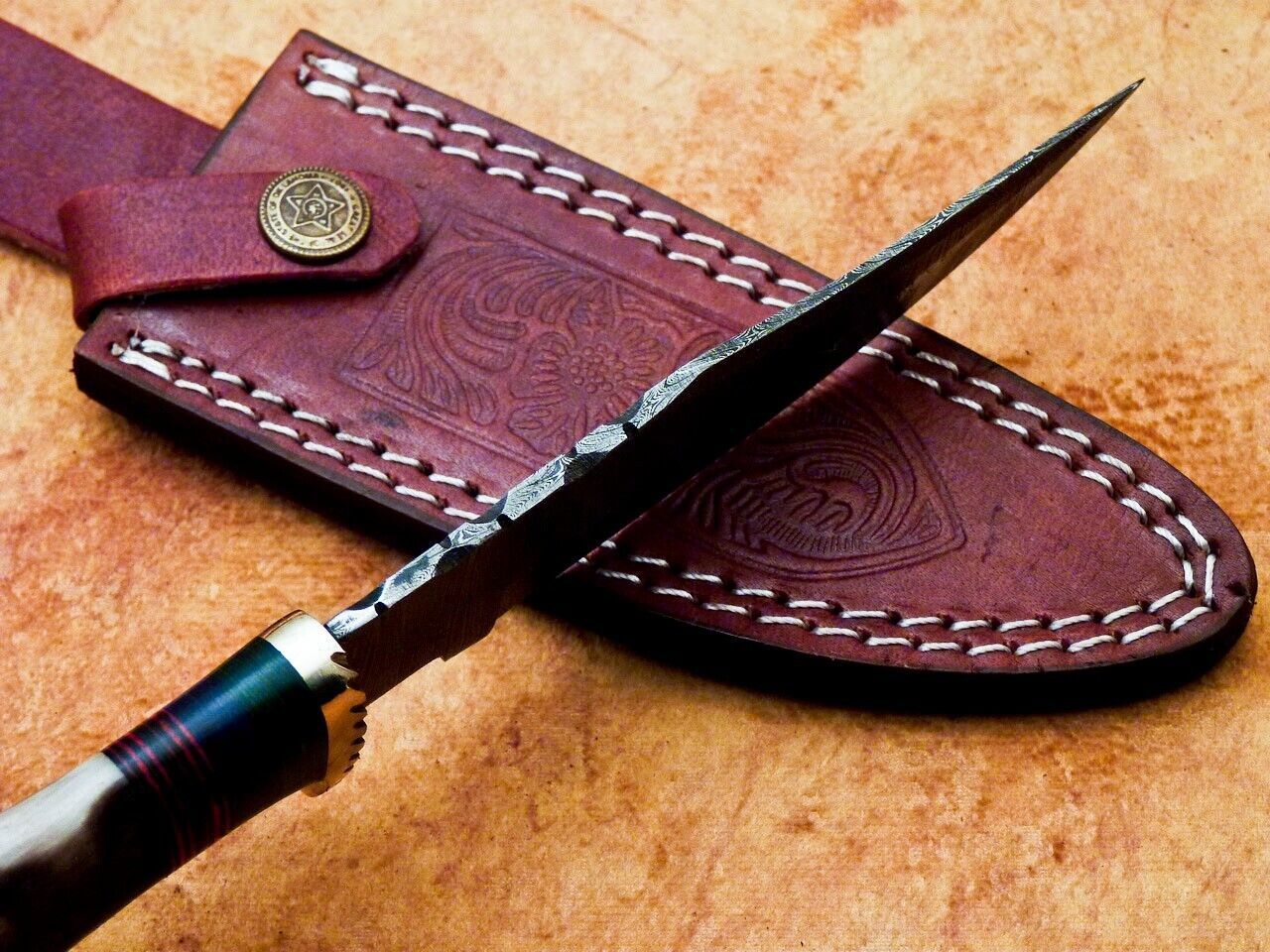 Heritage Forge 10 Inch Handmade Damascus Hunting Knife with Ram Horn and Hardwood Handle