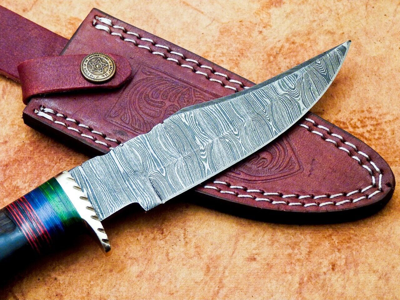 Heritage Forge 10 Inch Handmade Damascus Hunting Knife with Ram Horn and Hardwood Handle