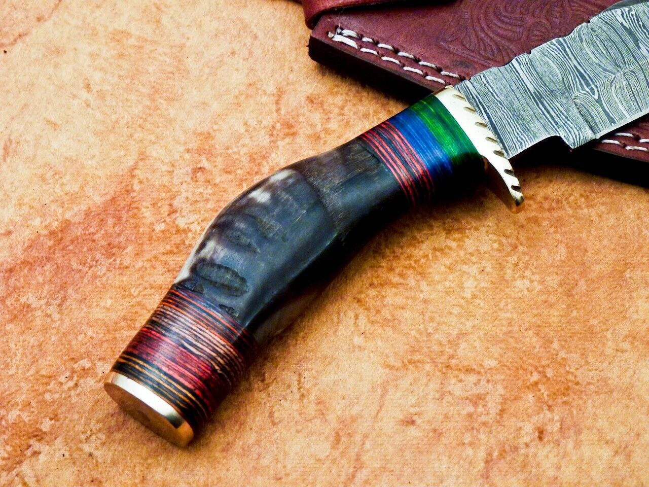 Heritage Forge 10 Inch Handmade Damascus Hunting Knife with Ram Horn and Hardwood Handle