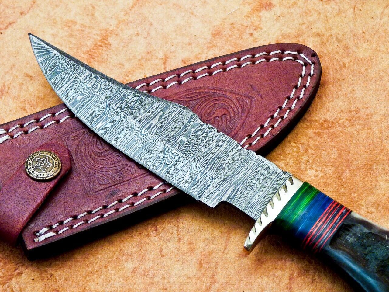 Heritage Forge 10 Inch Handmade Damascus Hunting Knife with Ram Horn and Hardwood Handle