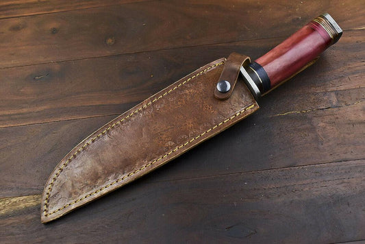 14.5" Hand Forged Damascus Bowie Knife – Camel Bone Handle, Trailing Point