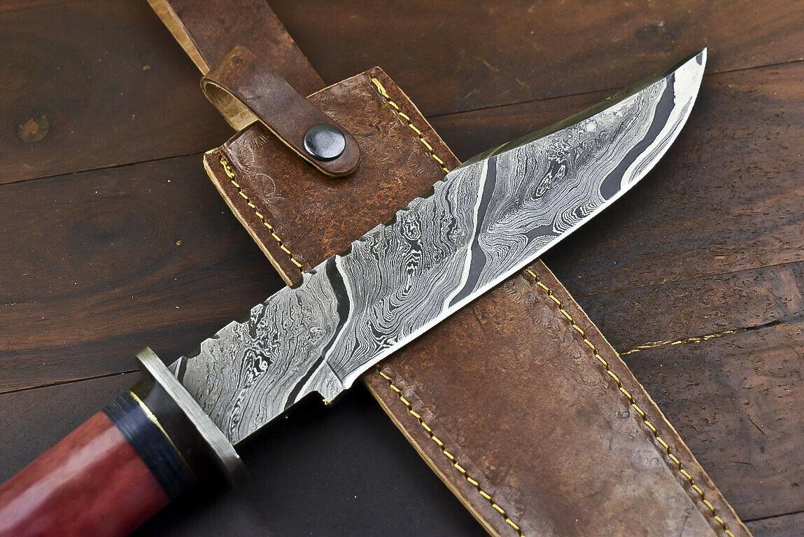 14.5" Hand Forged Damascus Bowie Knife – Camel Bone Handle, Trailing Point