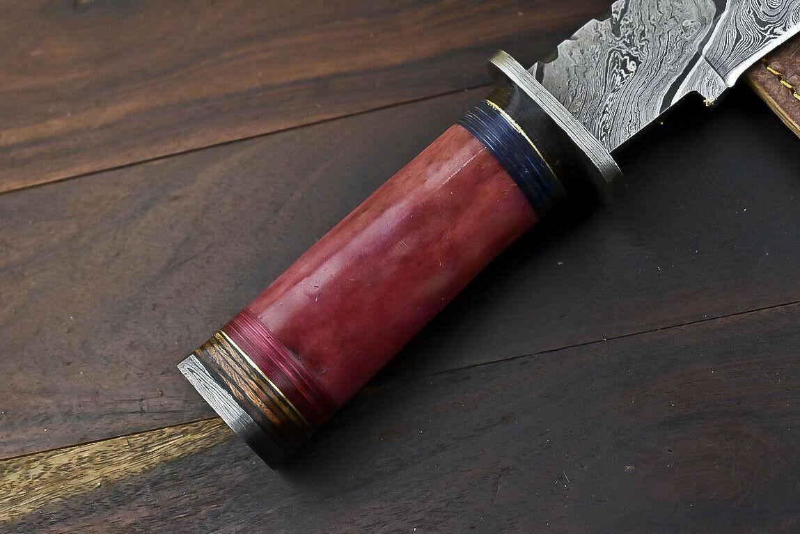 14.5" Hand Forged Damascus Bowie Knife – Camel Bone Handle, Trailing Point