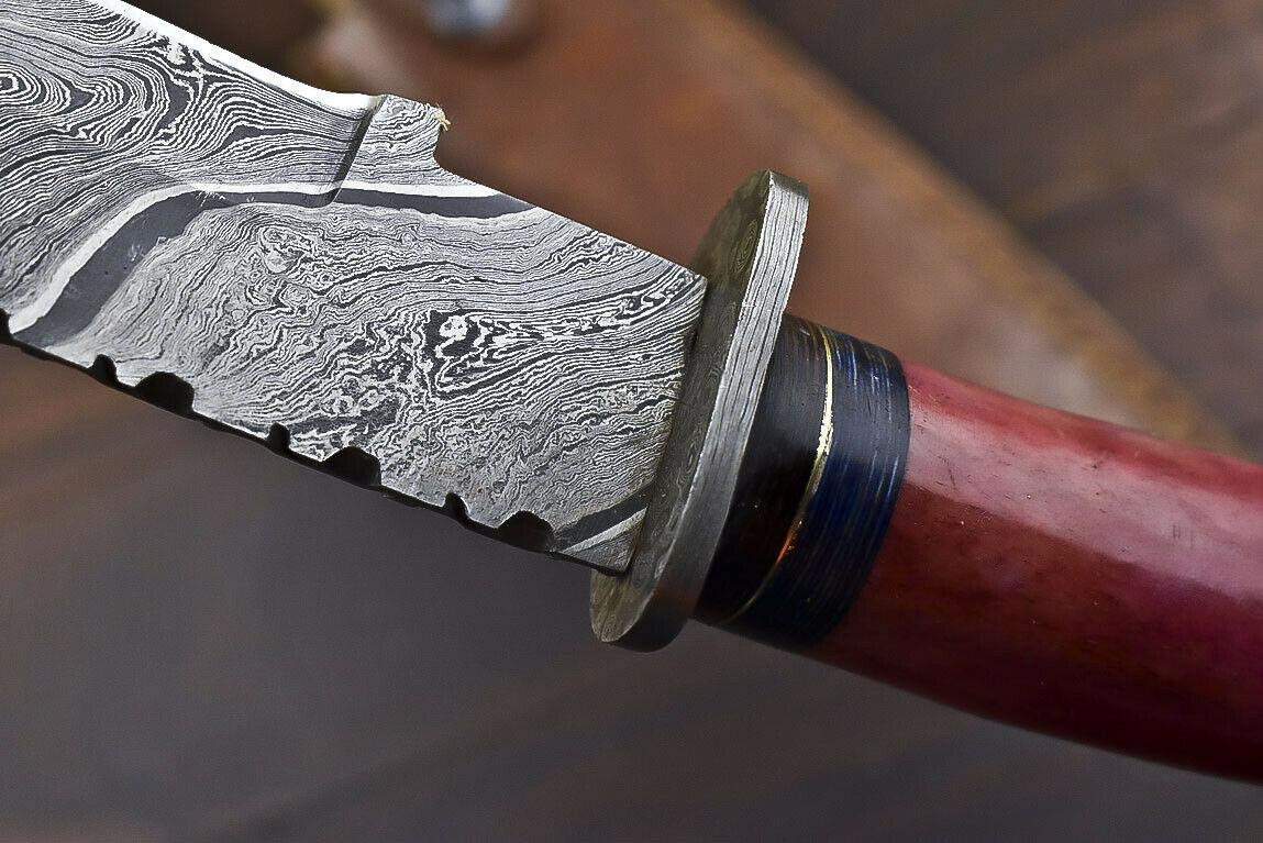 14.5" Hand Forged Damascus Bowie Knife – Camel Bone Handle, Trailing Point