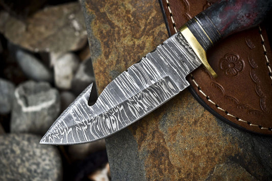 Custom Handmade Damascus Skinner Knife with Gut Hook Twist Blade and Corian Handle