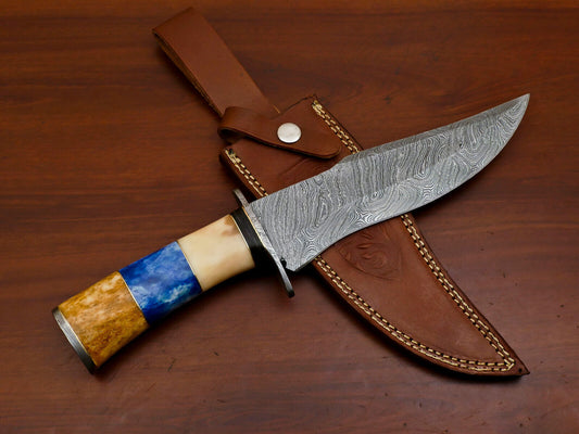 Heritage Forge Damascus Steel Bowie Hunting Knife with Camel Bone and Pakka Wood Handle