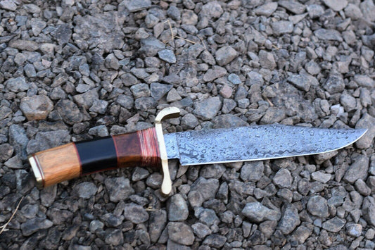 Handmade Damascus Bowie Knife – 12" Wood & Brass Handle with Leather Sheath