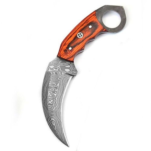 8" Custom Damascus Karambit Knife Damascus Steel Knife with Sheath and Pakkawood Handle
