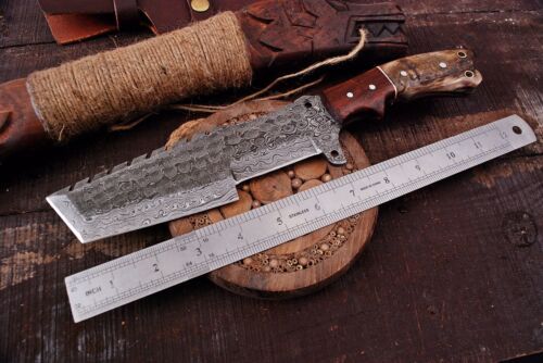 12" Handmade Damascus Steel Tracker Knife – Hunting Survival Skinning Bowie with Ram Horn Handle & Leather Sheath