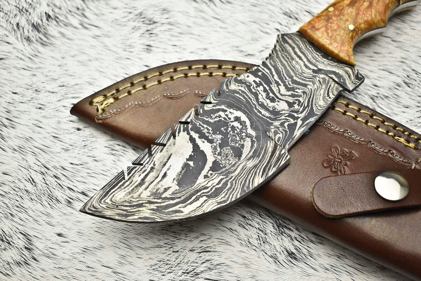 10" Handmade Damascus Steel Tracker Knife | Full Tang Hardwood Handle & Leather Sheath