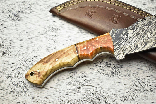 10" Handmade Damascus Steel Tracker Knife | Full Tang Hardwood Handle & Leather Sheath