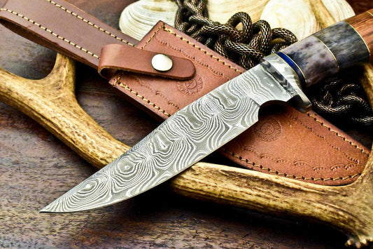 12" Handmade Damascus Bowie Knife – Walnut Wood Handle with Leather Sheath