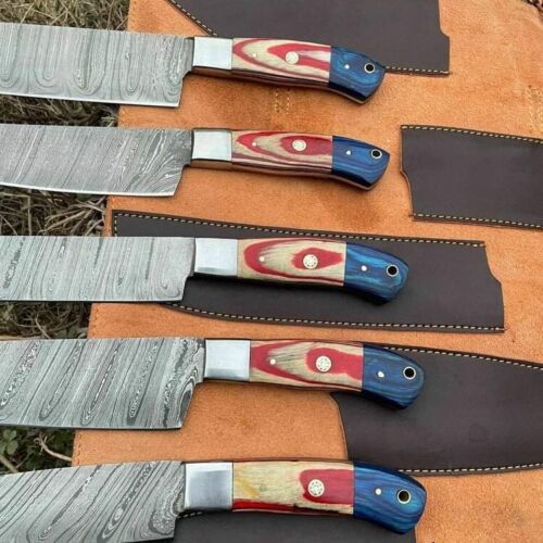 Custom Handmade Damascus 5 Piece Chef Knife Set – Brass Guards & Unique Sheet Handles