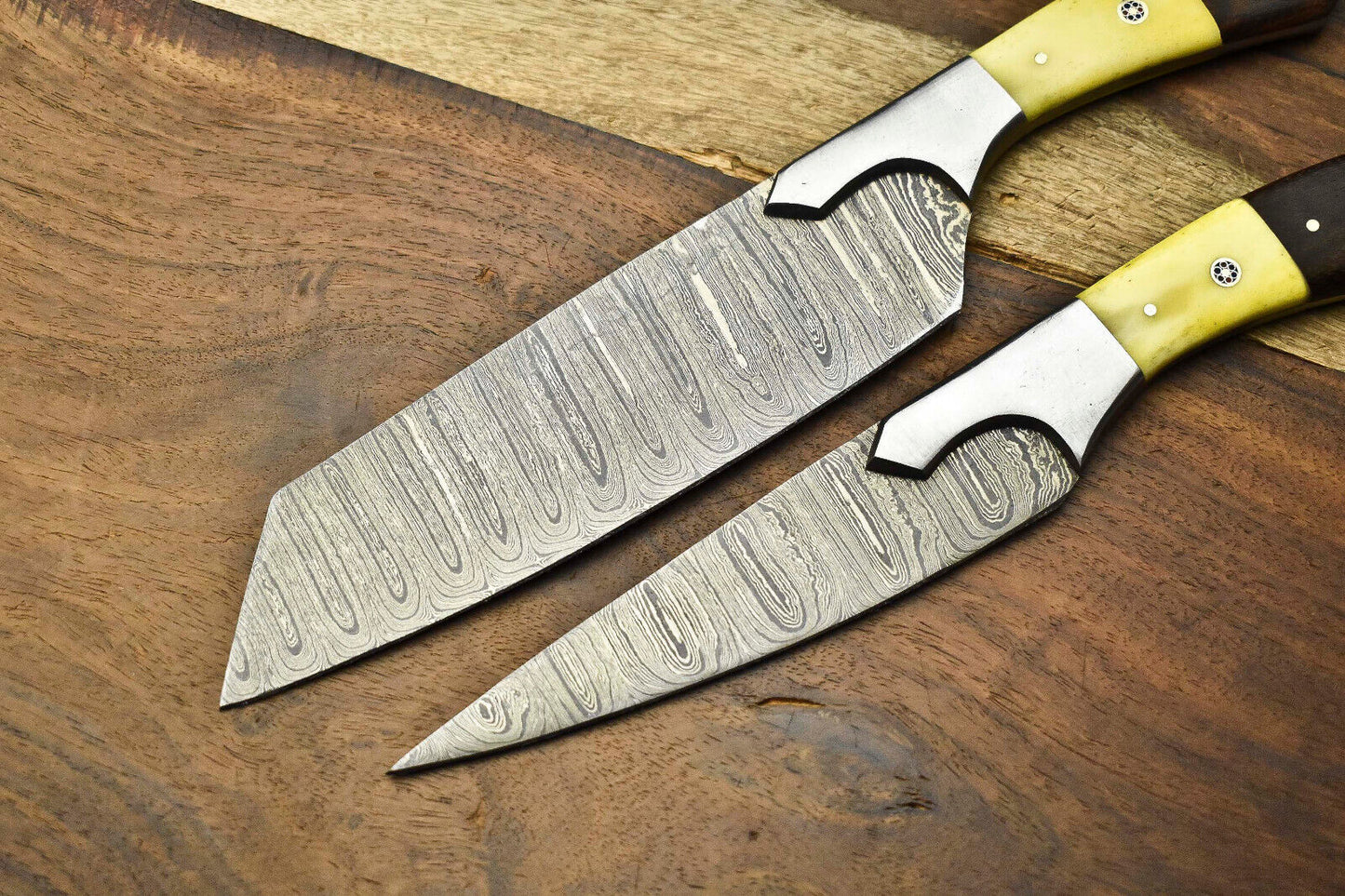 Custom Lot Of 2 Handmade Hammered Damascus Steel Blade Chef Set Knife