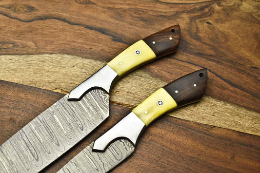 Custom Lot Of 2 Handmade Hammered Damascus Steel Blade Chef Set Knife