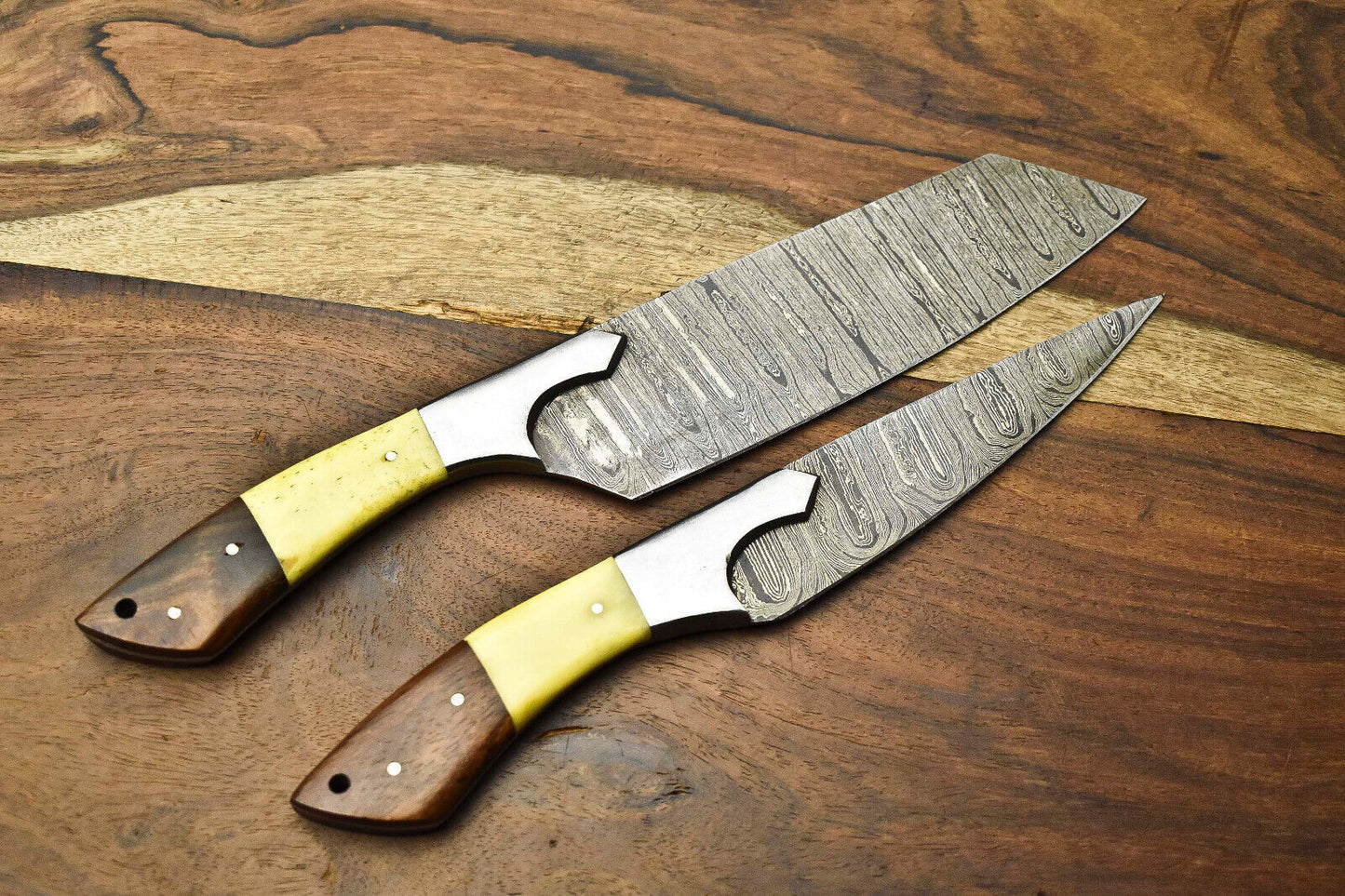 Custom Lot Of 2 Handmade Hammered Damascus Steel Blade Chef Set Knife