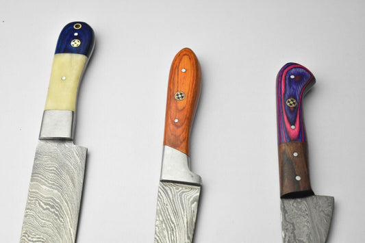 Lot of 3 Handmade Damascus Blade Full Tang Chef Knives – Premium Kitchen Knife Set